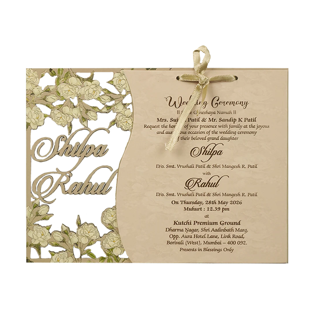 Cream Ivory Floral Ribbon Wedding Card-KRE26730 - Image 3