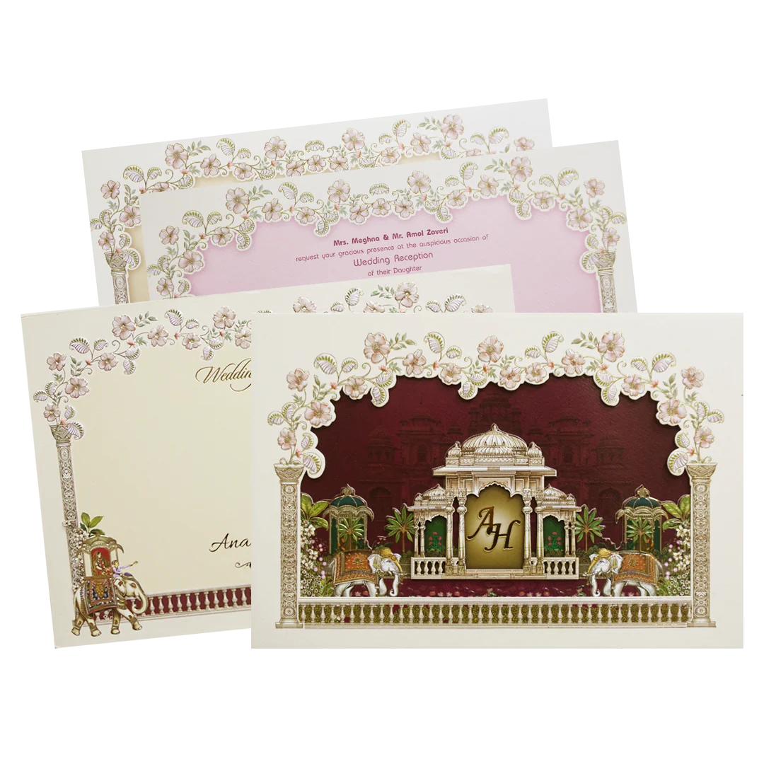Cream Laser Cut Padded Royal Marriage Ceremony Wedding Card-KMMEX8130