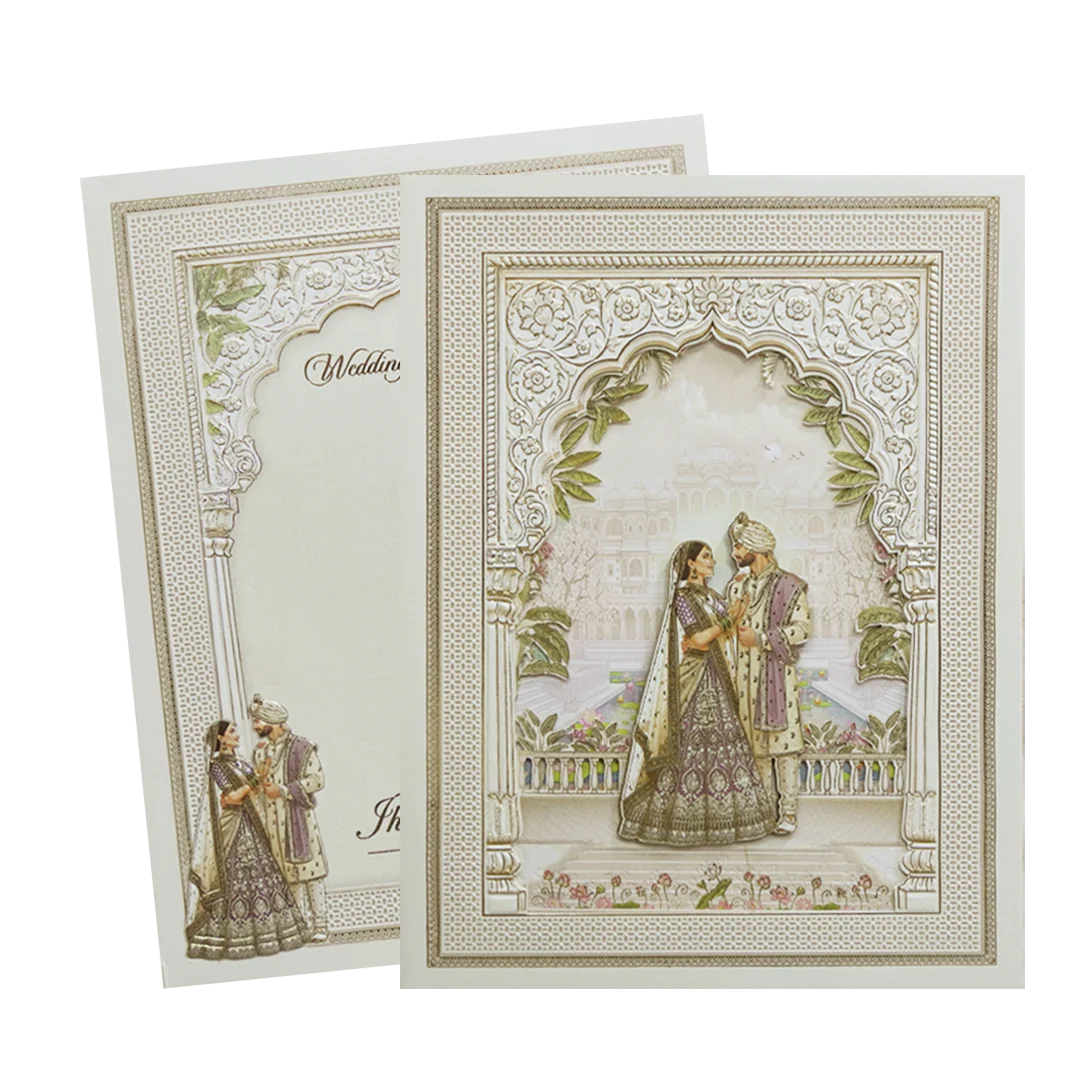 Cream Padded Laser Cut Heritage Couple Wedding Card-KMMEX8170 - Image 2