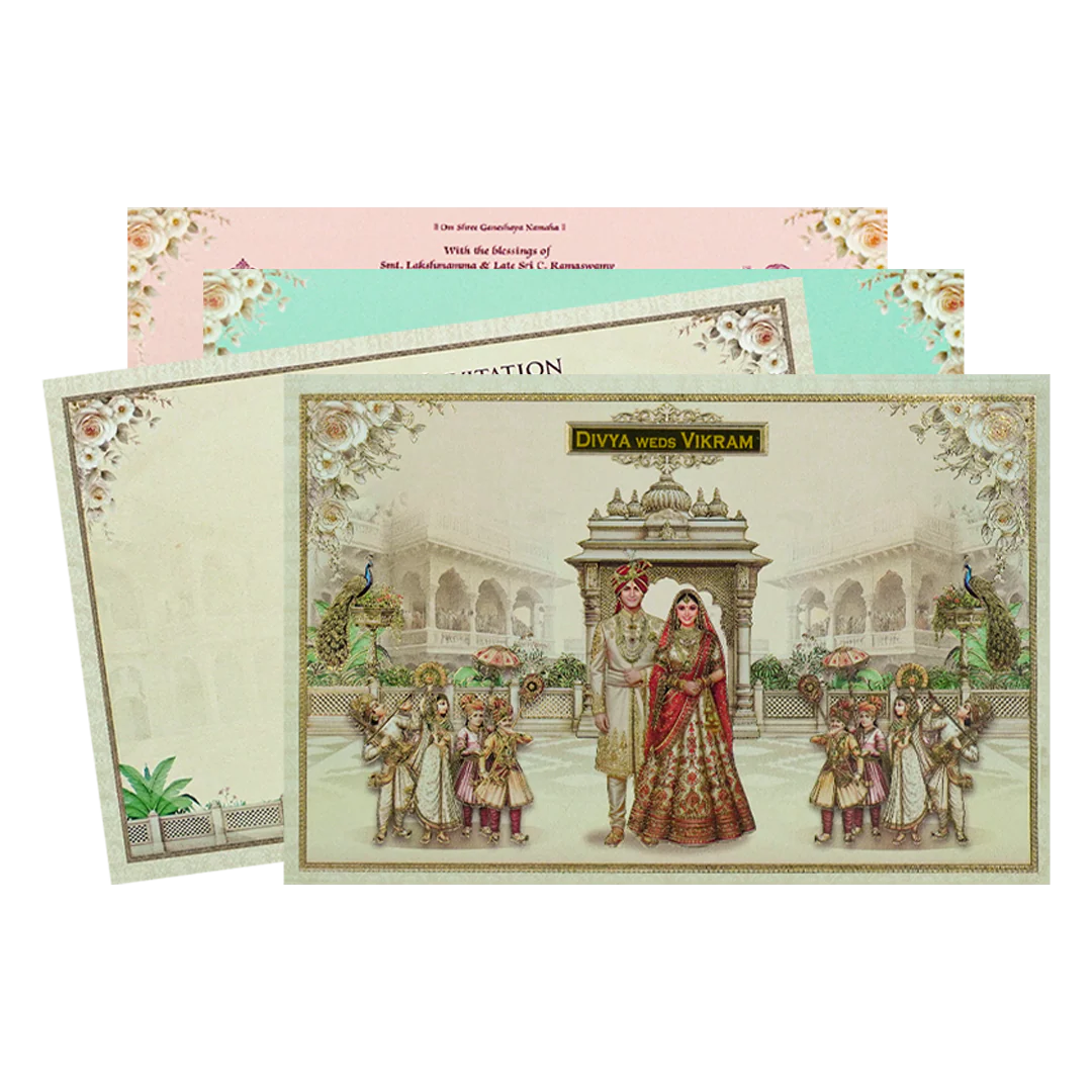 Cream Padded Palace Bride Groom Wedding Card-KNAK4702