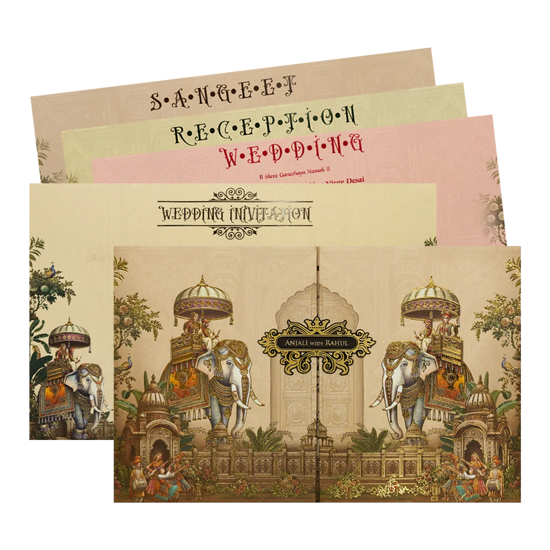 Cream Palace Elephant Padded Wedding Card-KSH72170
