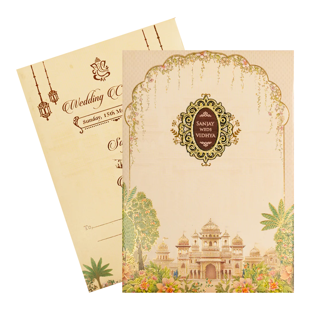 Cream Palace Floral Padded Wedding Card-KSH73080 - Image 2