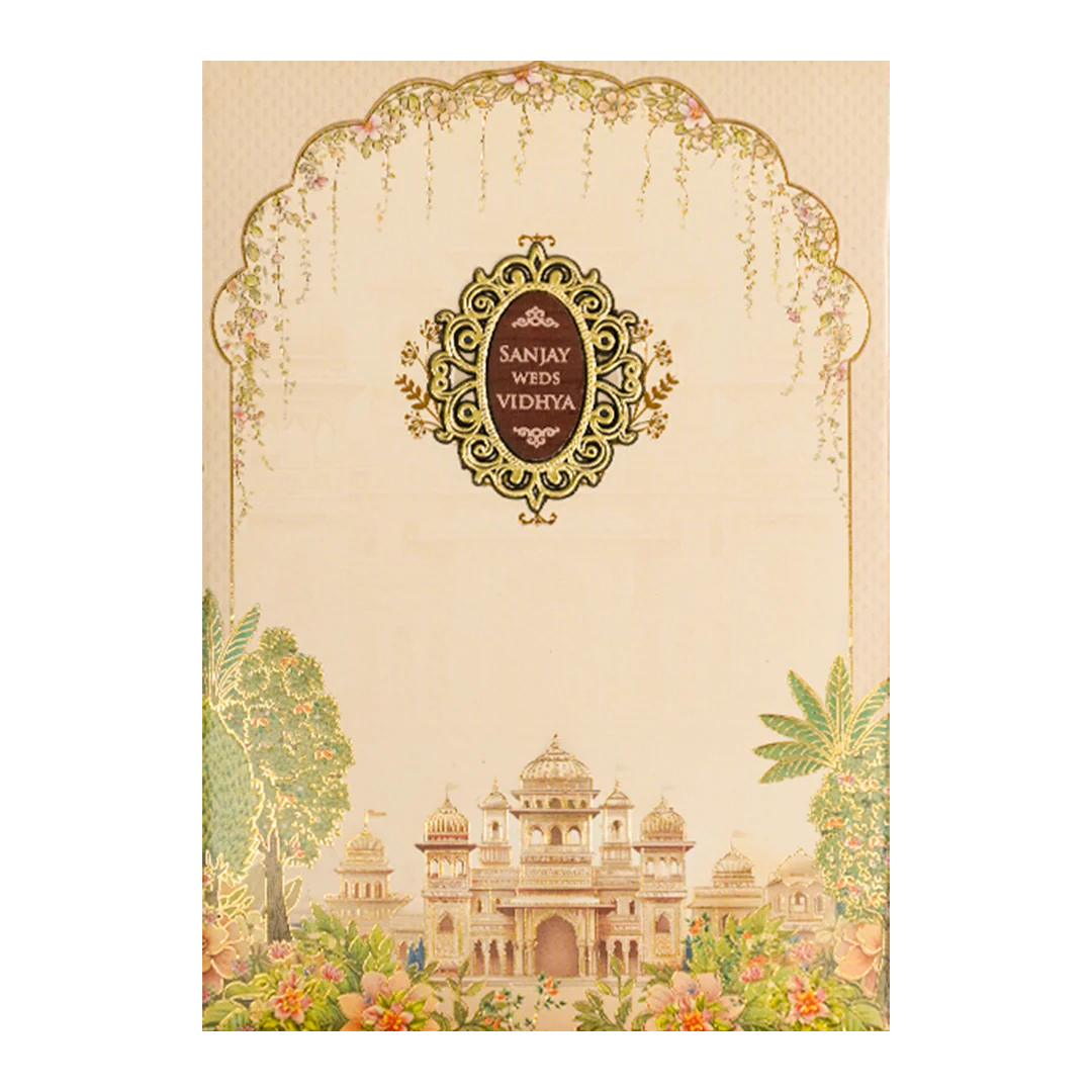 Cream Palace Floral Padded Wedding Card-KSH73080 - Image 3