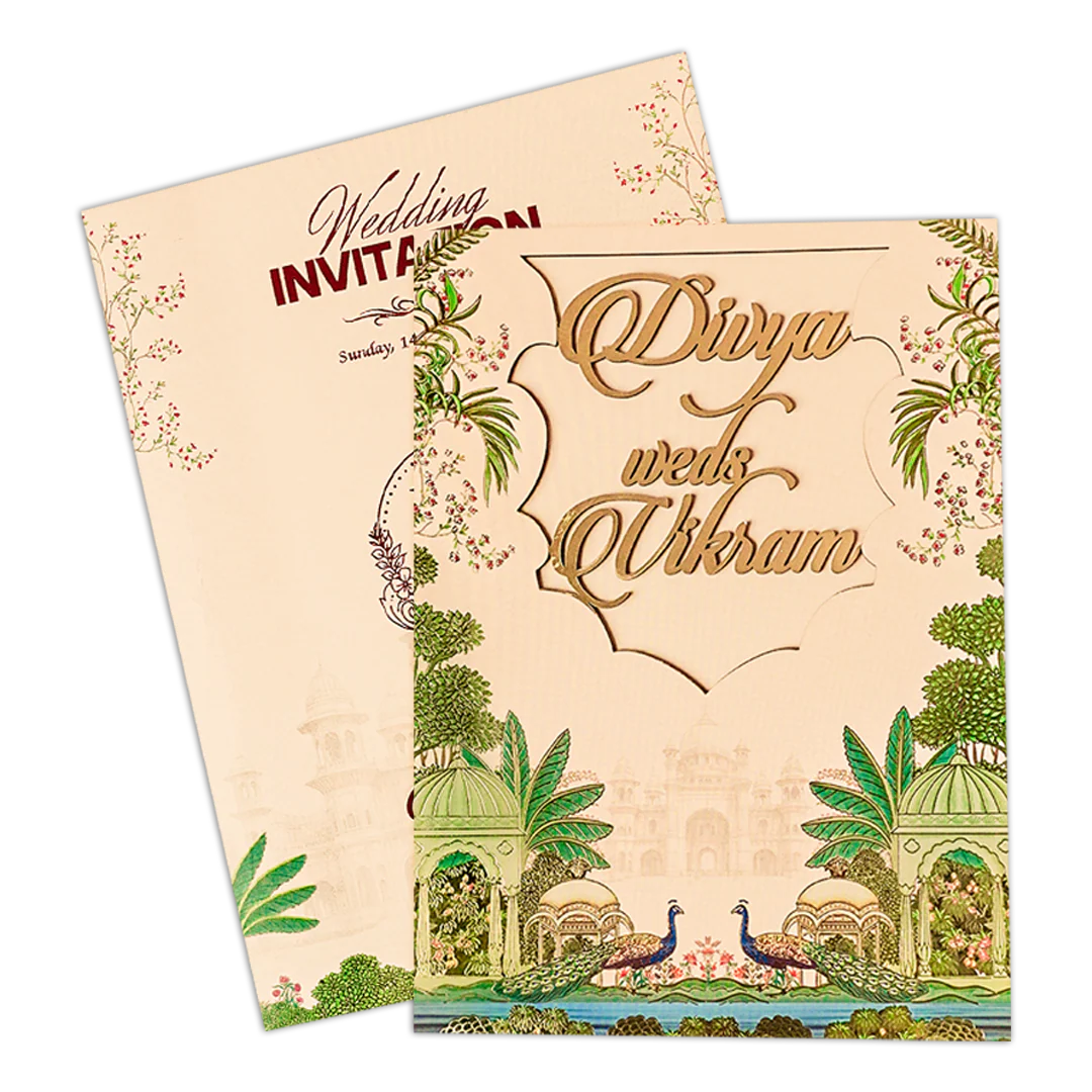 Cream Palace Peacock Padded Wedding Card-KNOR5203 - Image 2