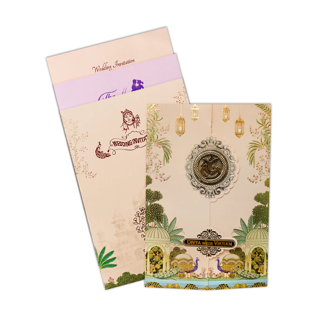 Cream Palace Peacock Wedding Card-KNKY2601