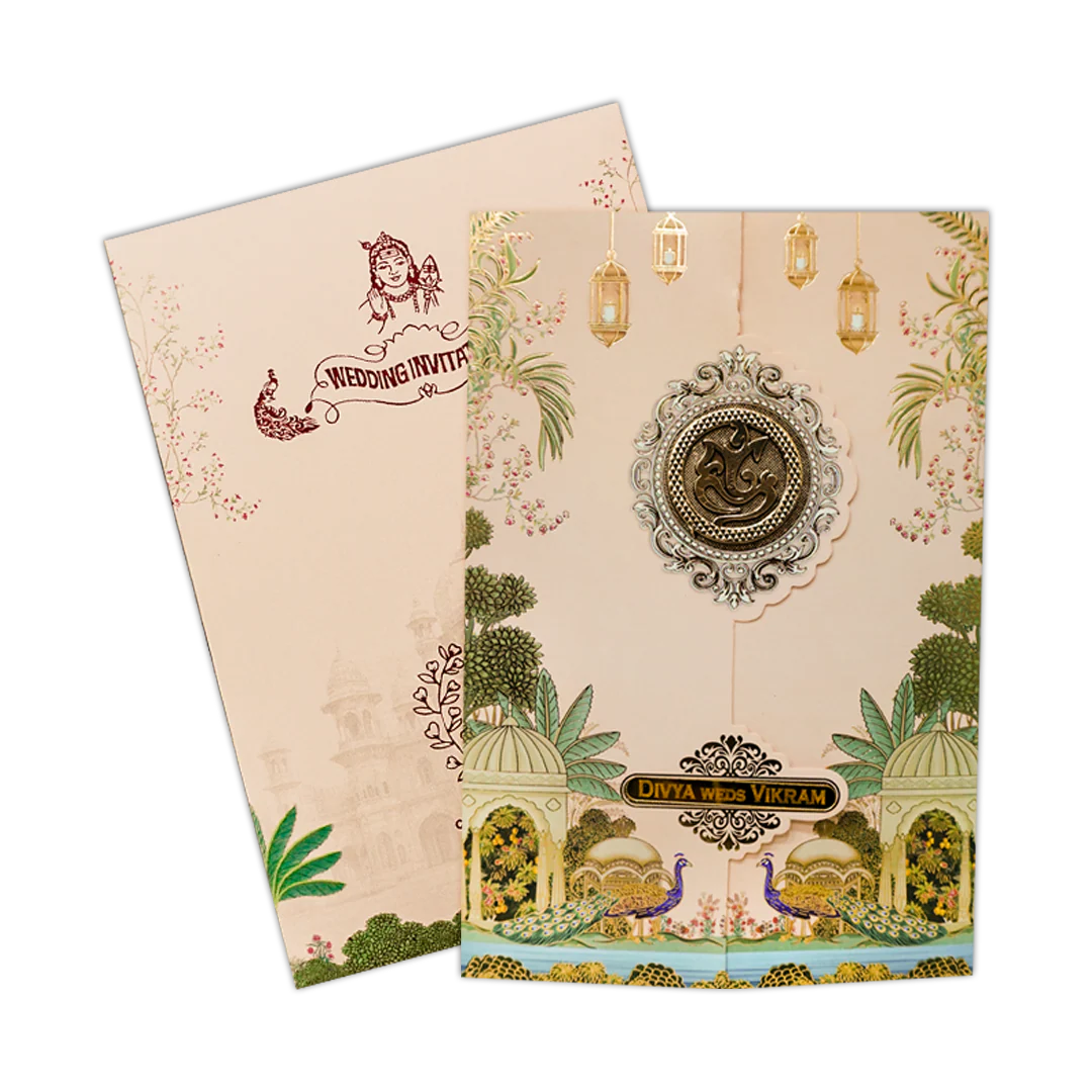 Cream Palace Peacock Wedding Card-KNKY2601 - Image 2