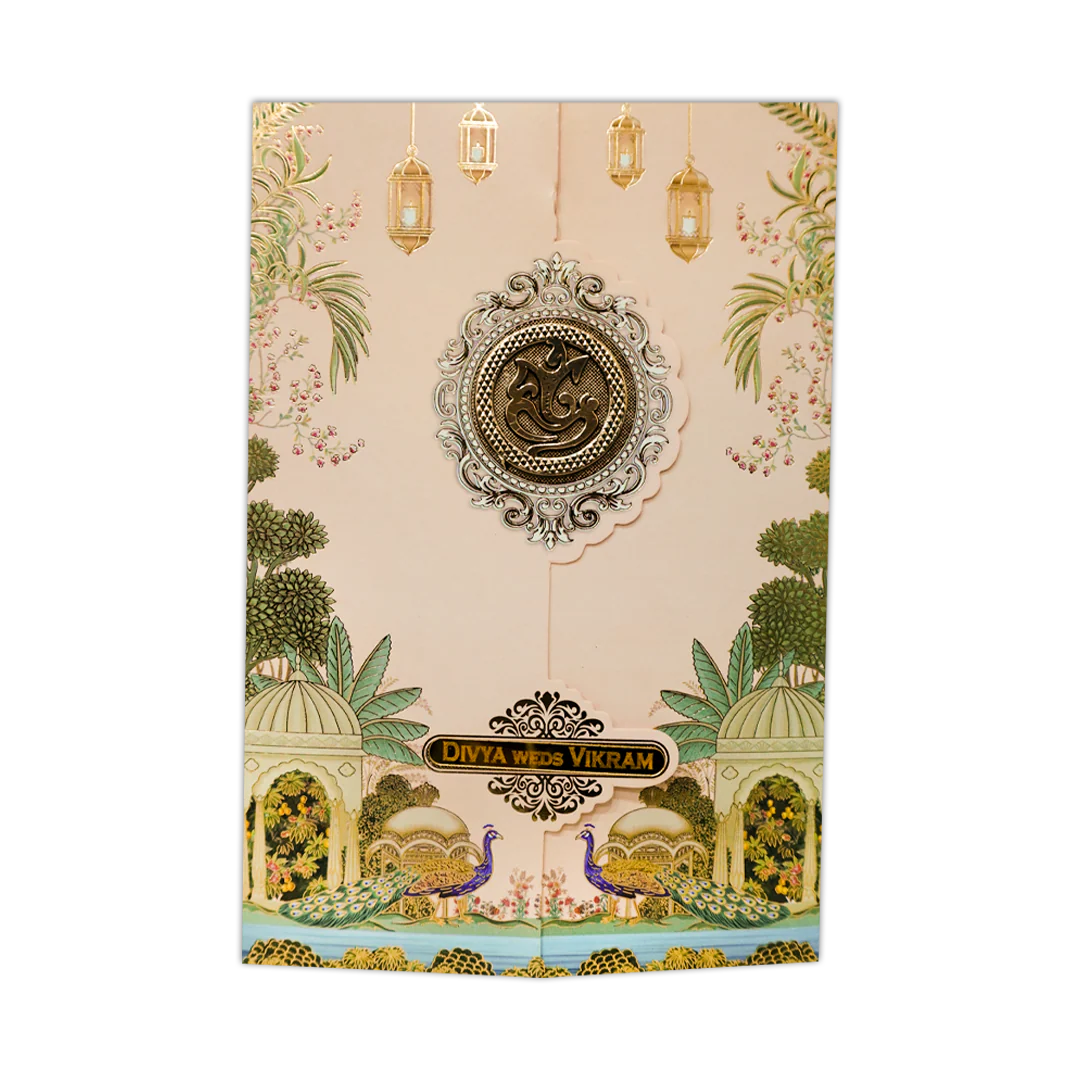 Cream Palace Peacock Wedding Card-KNKY2601 - Image 3