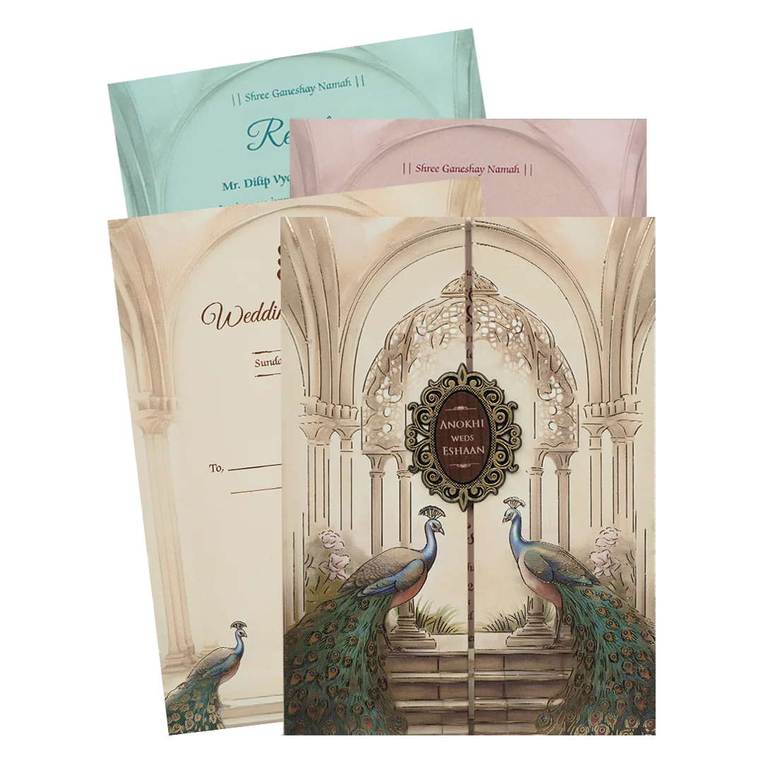 Cream Peacock Arch Luxury Padded Wedding Card-KJTS3677