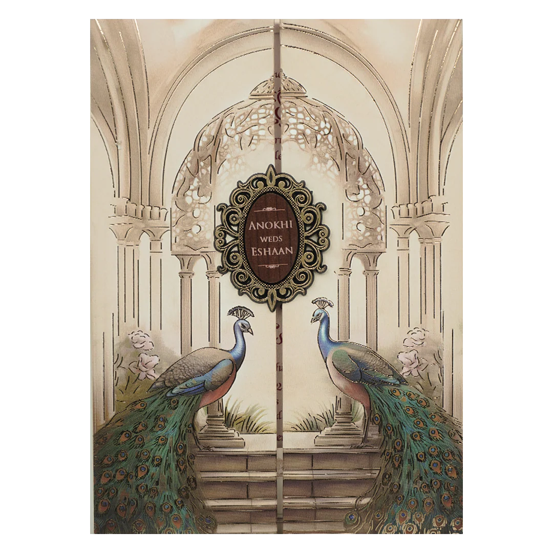 Cream Peacock Arch Luxury Padded Wedding Card-KJTS3677 - Image 3