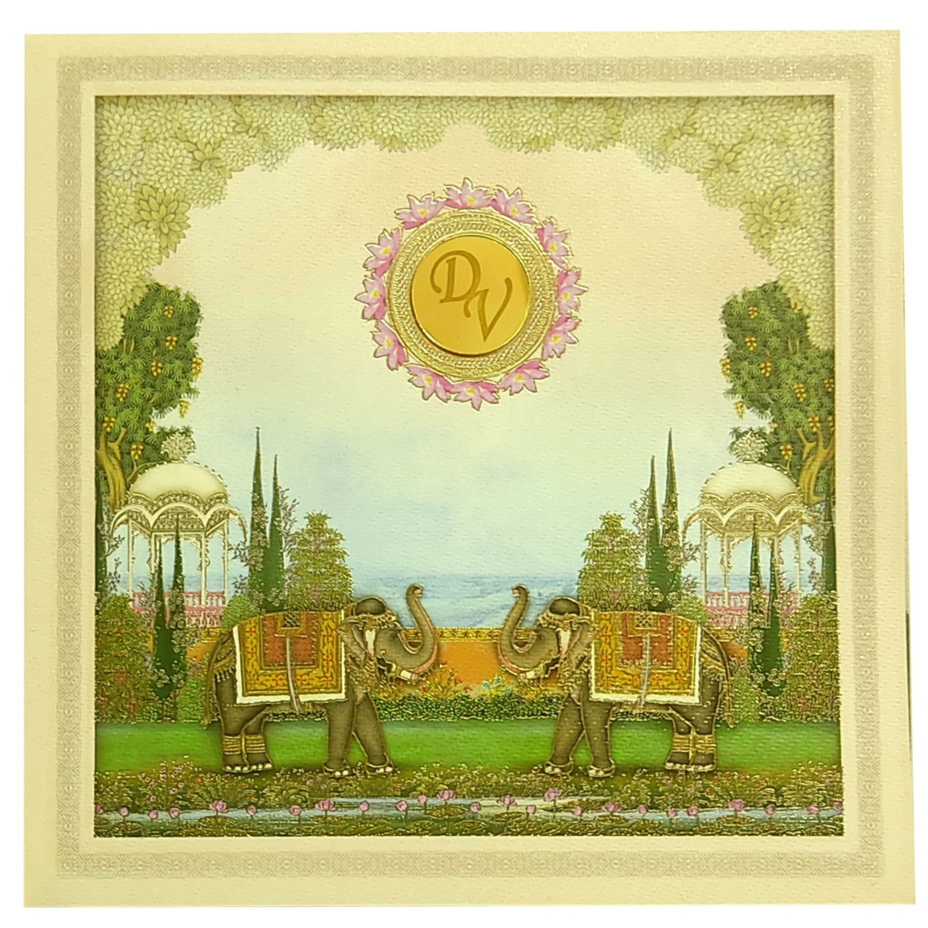 Cream Pink Floral Elephant Invitation Card-KNKD8102 - Image 3