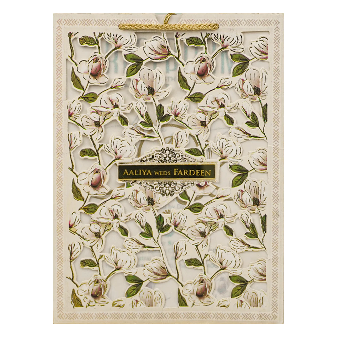 Cream Pink Floral Laser Cut Wedding Card-KVN06350 - Image 3