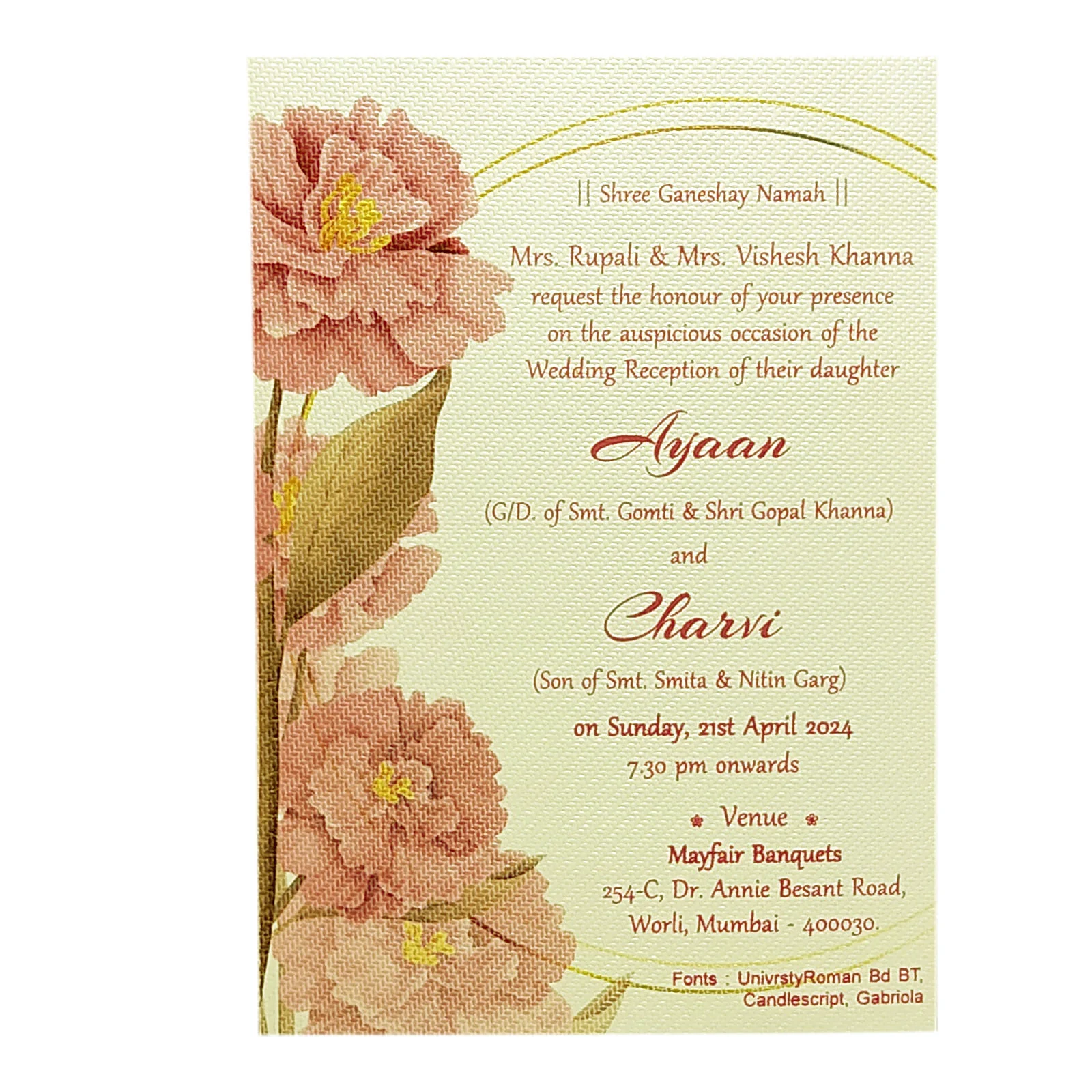 Cream Pink Floral Single Sheet Invitation Card-KRCS6081 - Image 2