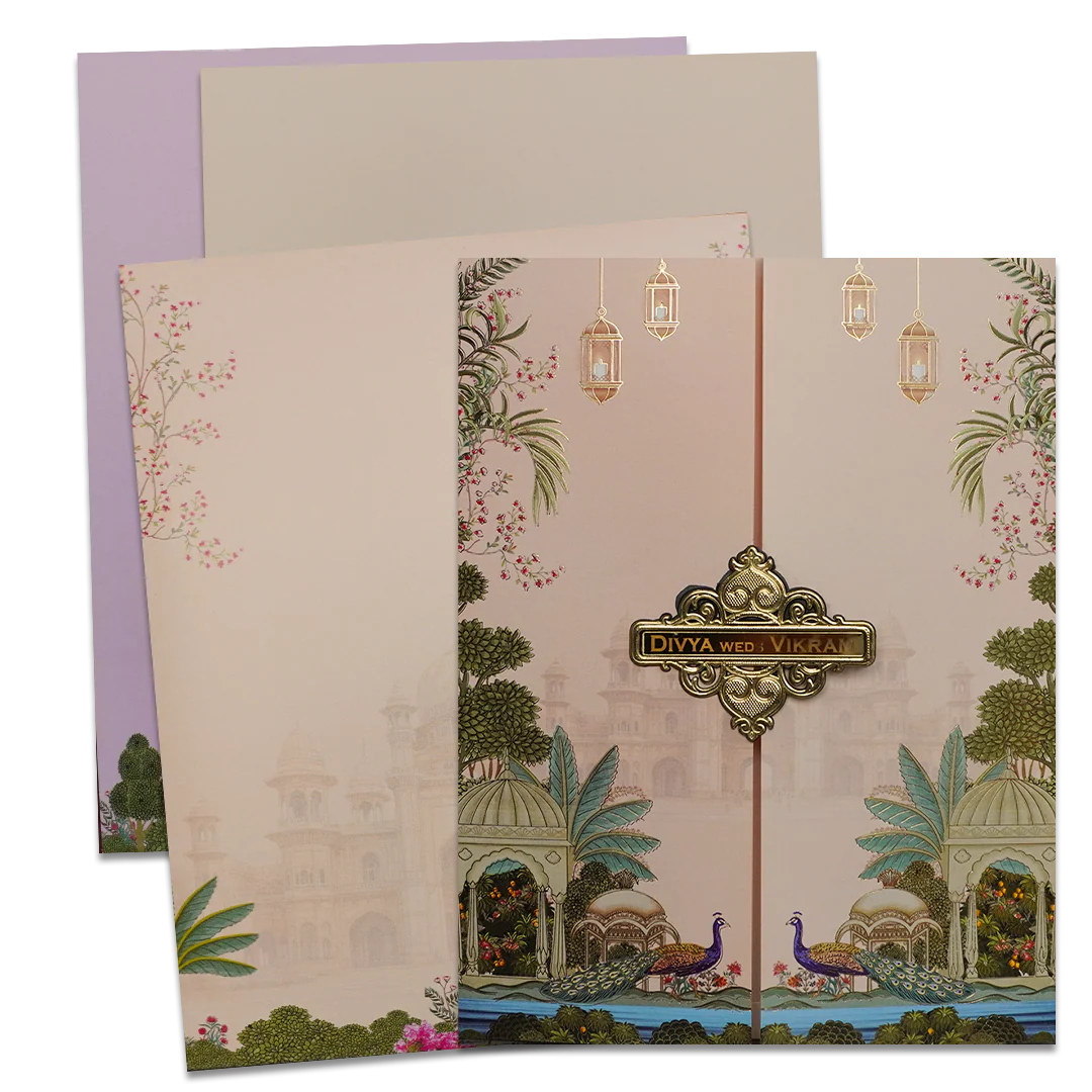 Cream Royal Palace Peacock Wedding Card-KNKJ1147