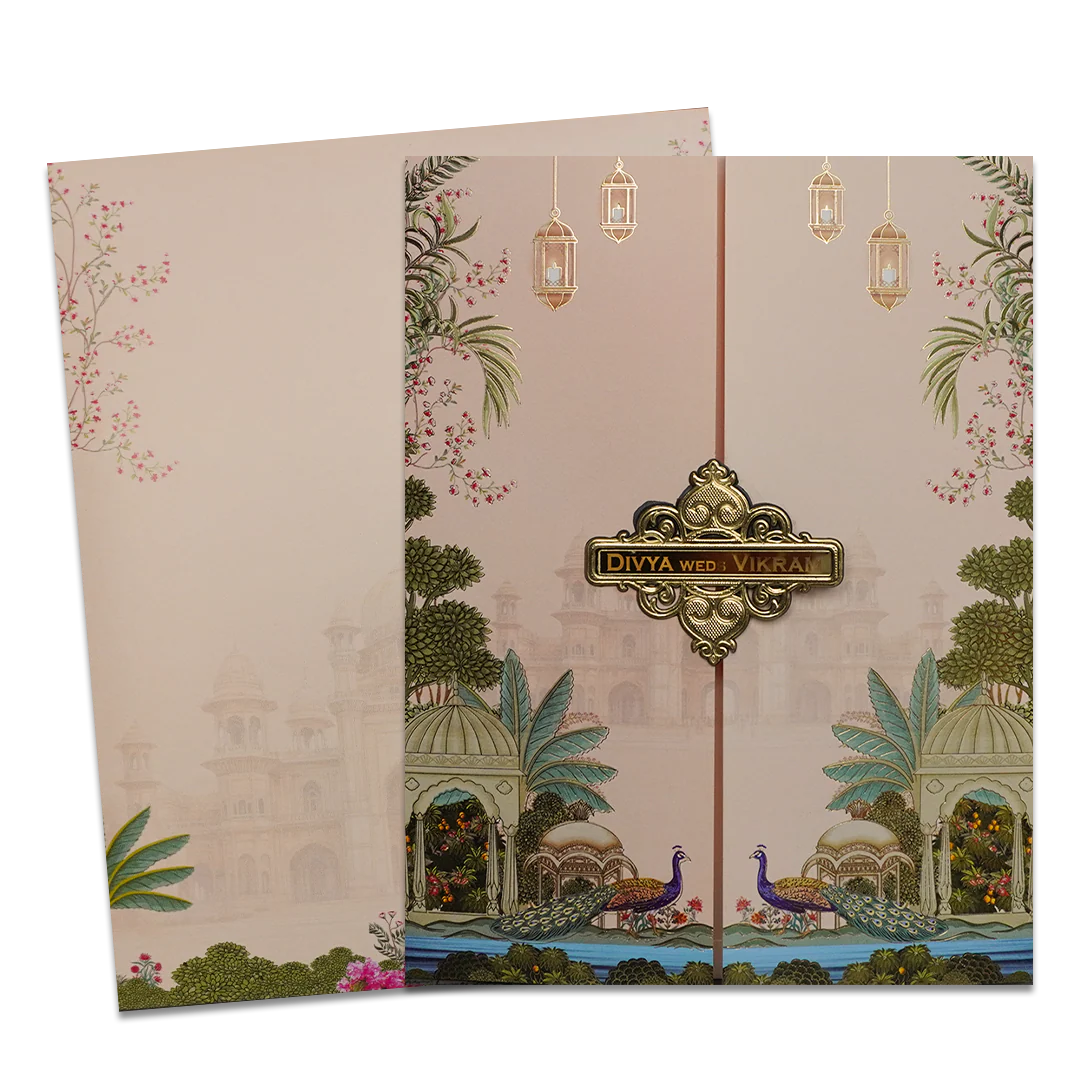 Cream Royal Palace Peacock Wedding Card-KNKJ1147 - Image 2