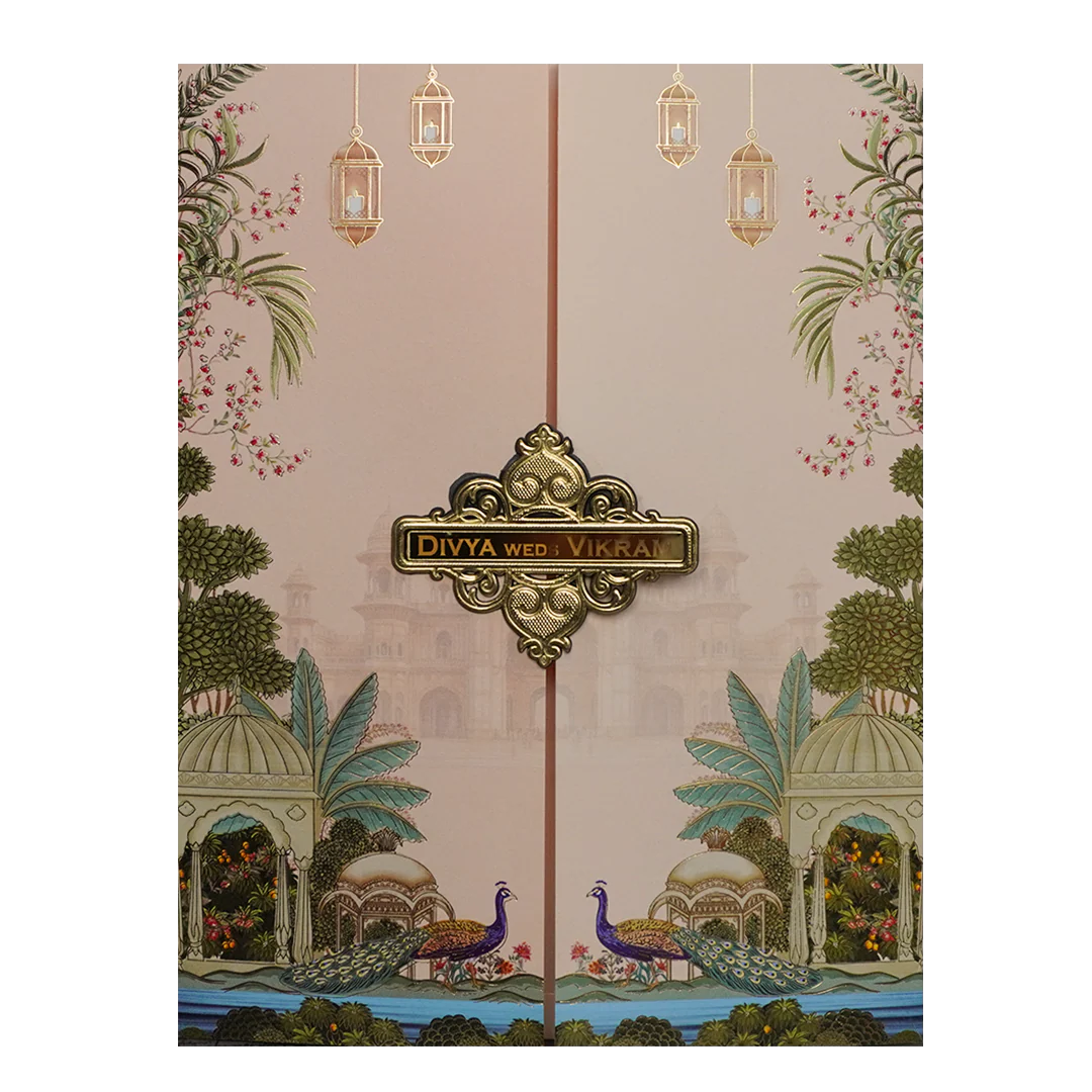 Cream Royal Palace Peacock Wedding Card-KNKJ1147 - Image 3