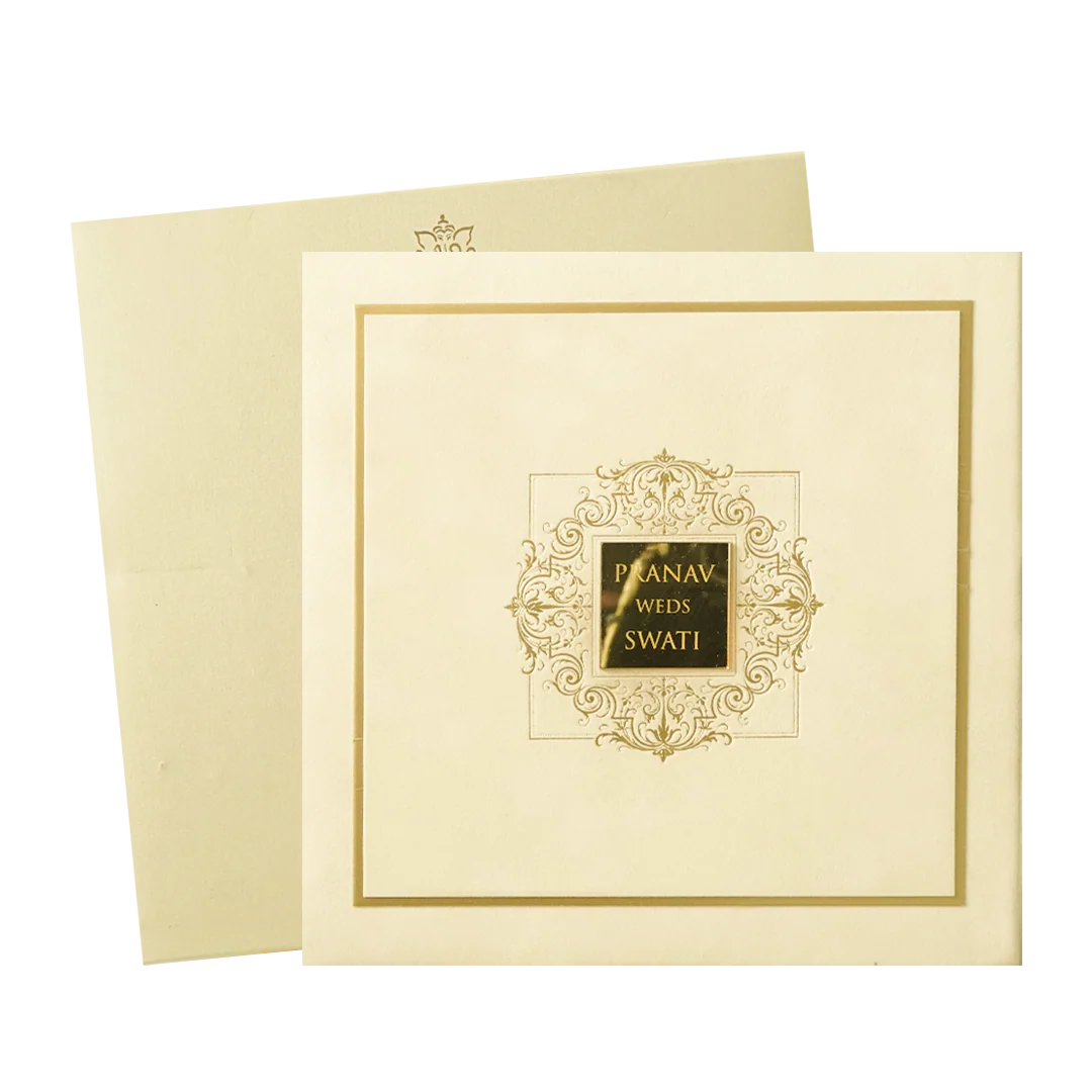 Cream Square Emblem Padded Wedding Card-KMMWD1162 - Image 2