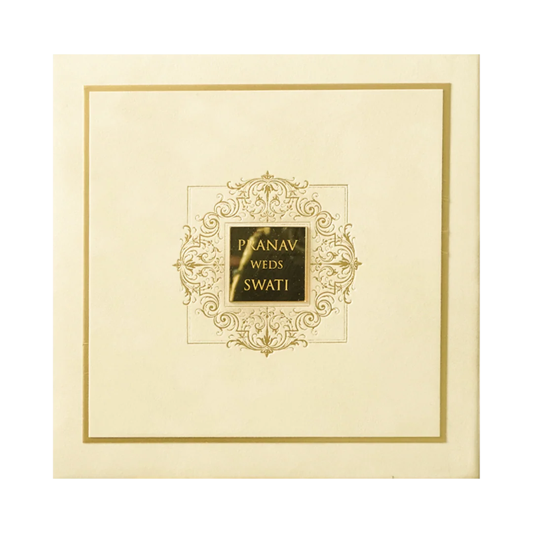 Cream Square Emblem Padded Wedding Card-KMMWD1162 - Image 3