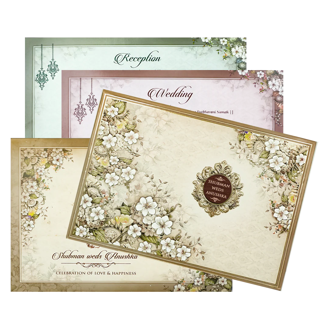 Cream White Floral Padded Wedding Card-KRB09280