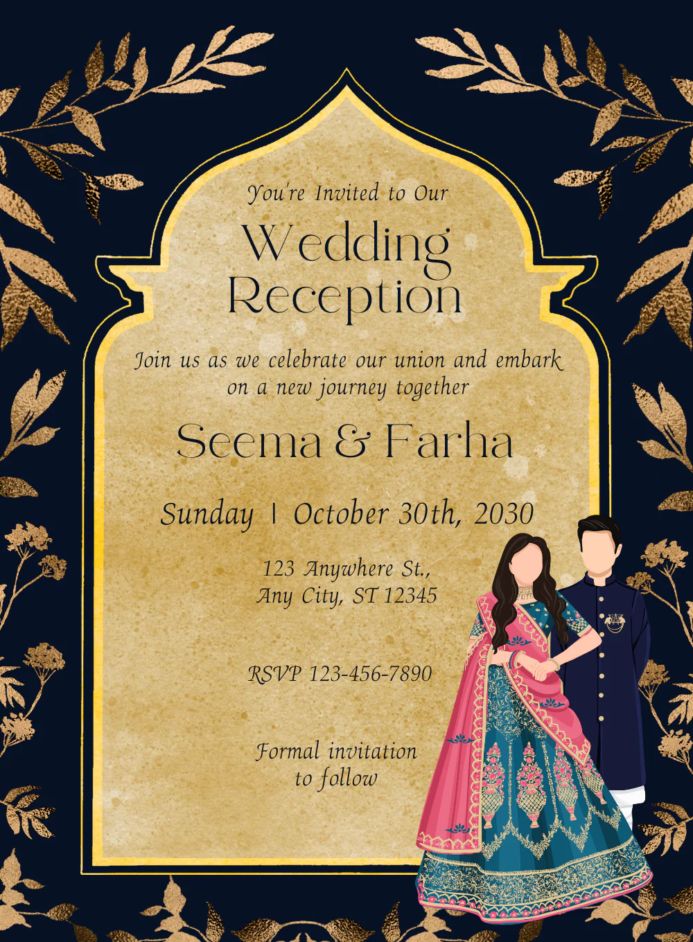 Dark Blue and Gold Elegant Wedding Invitation-EINK0036