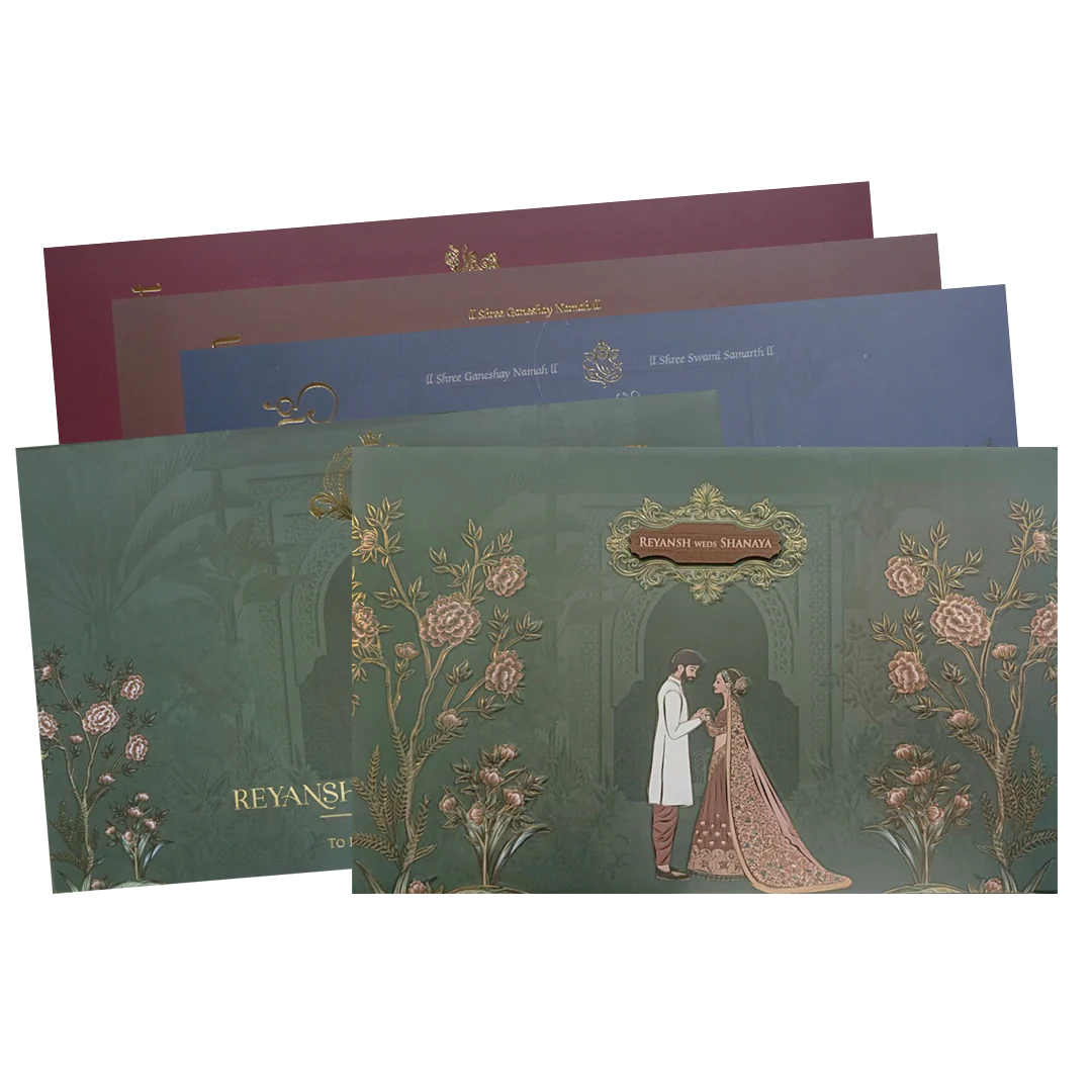 Dark Green Floral Arch Padded Couple Wedding Card - KVN07640