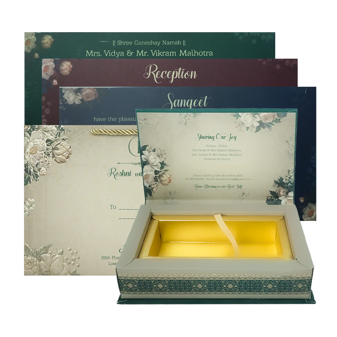 Dark Green Floral Wedding Invitation Box - KSI64170