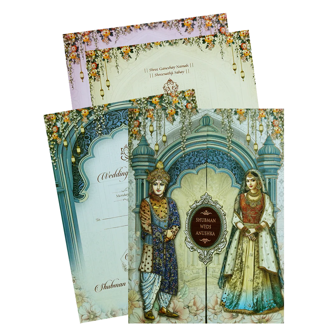 Elegant Blue Doorstyle Wedding Card-KRB09030