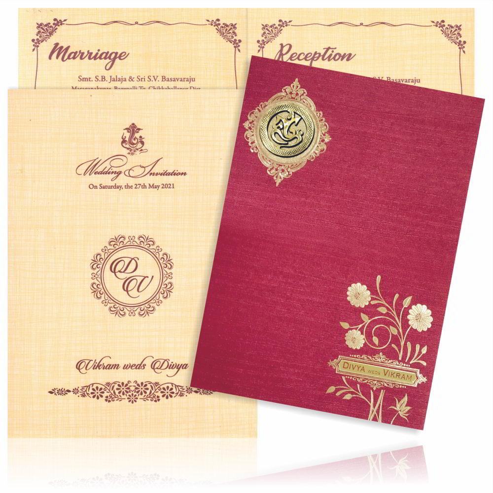 Red Metallic Floral Print And Ganesha With Gold Foiling-KNCM819W