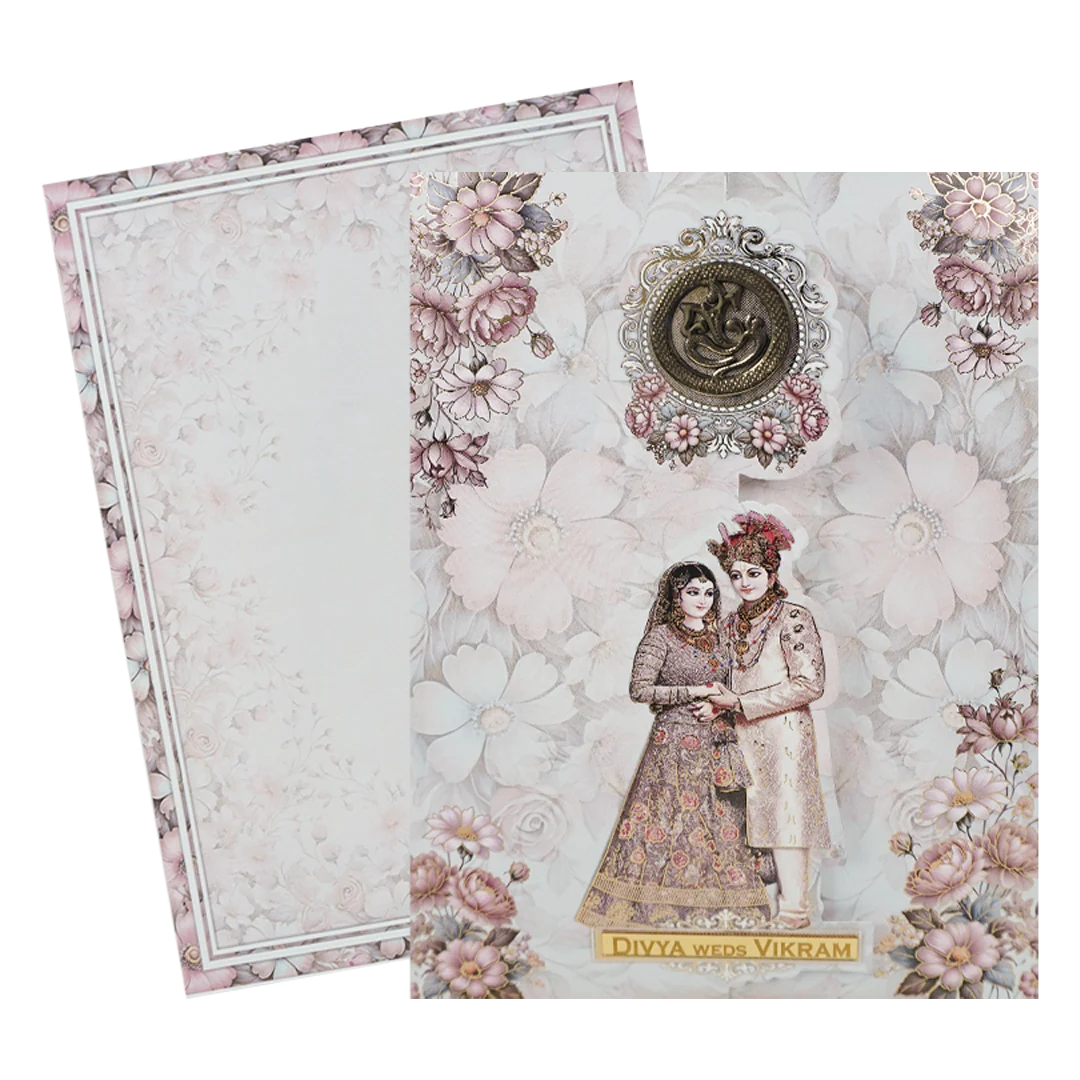 Grey Double Door Bride and Groom Floral Wedding Card - KNAR2402 - Image 2