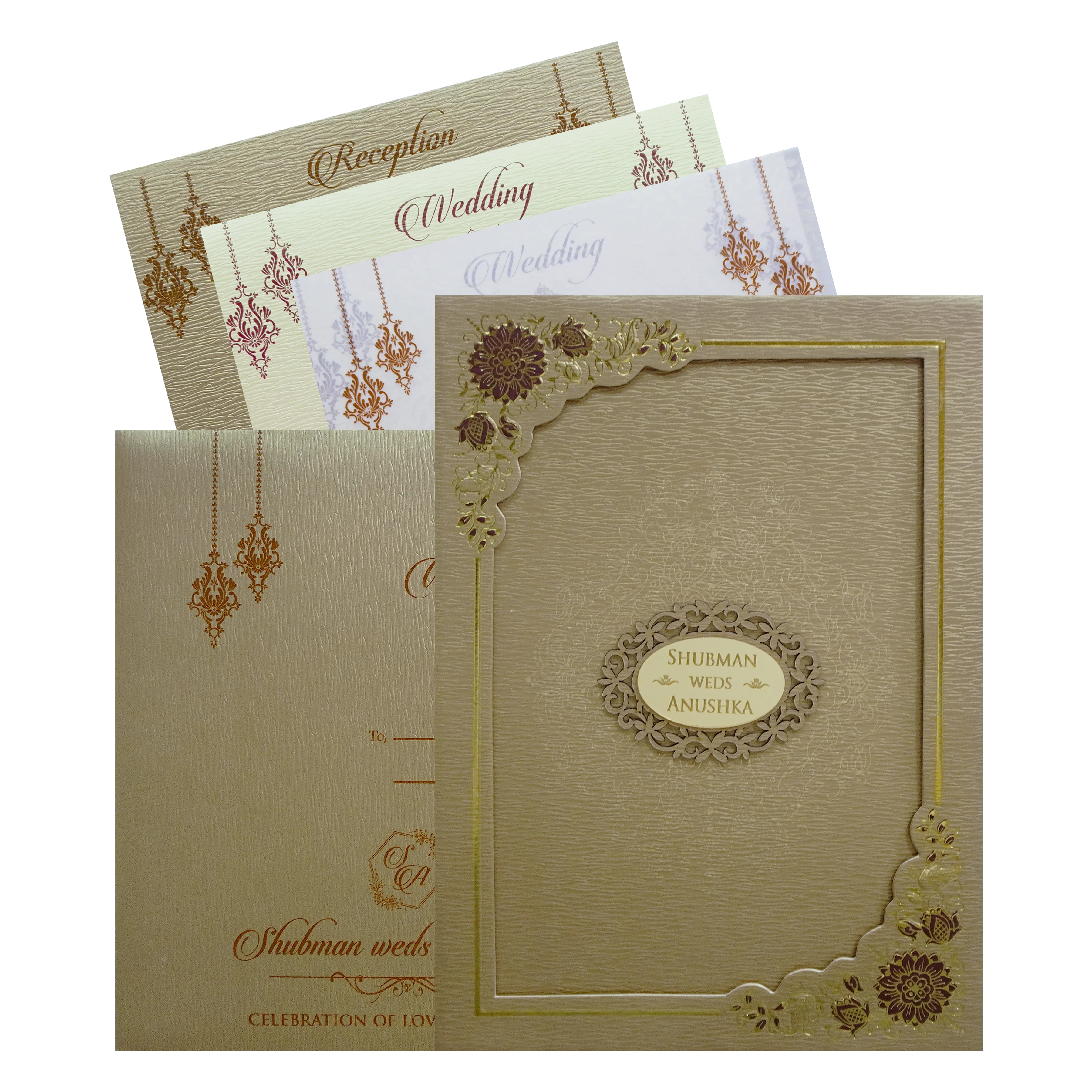 Gold Embossed Floral Padded Wedding Card-KRB09670
