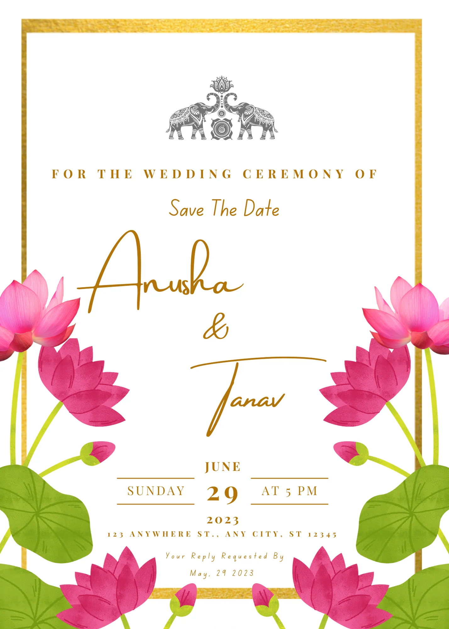 Gold Border Lotus Elegant Wedding Invitation-EINK0004