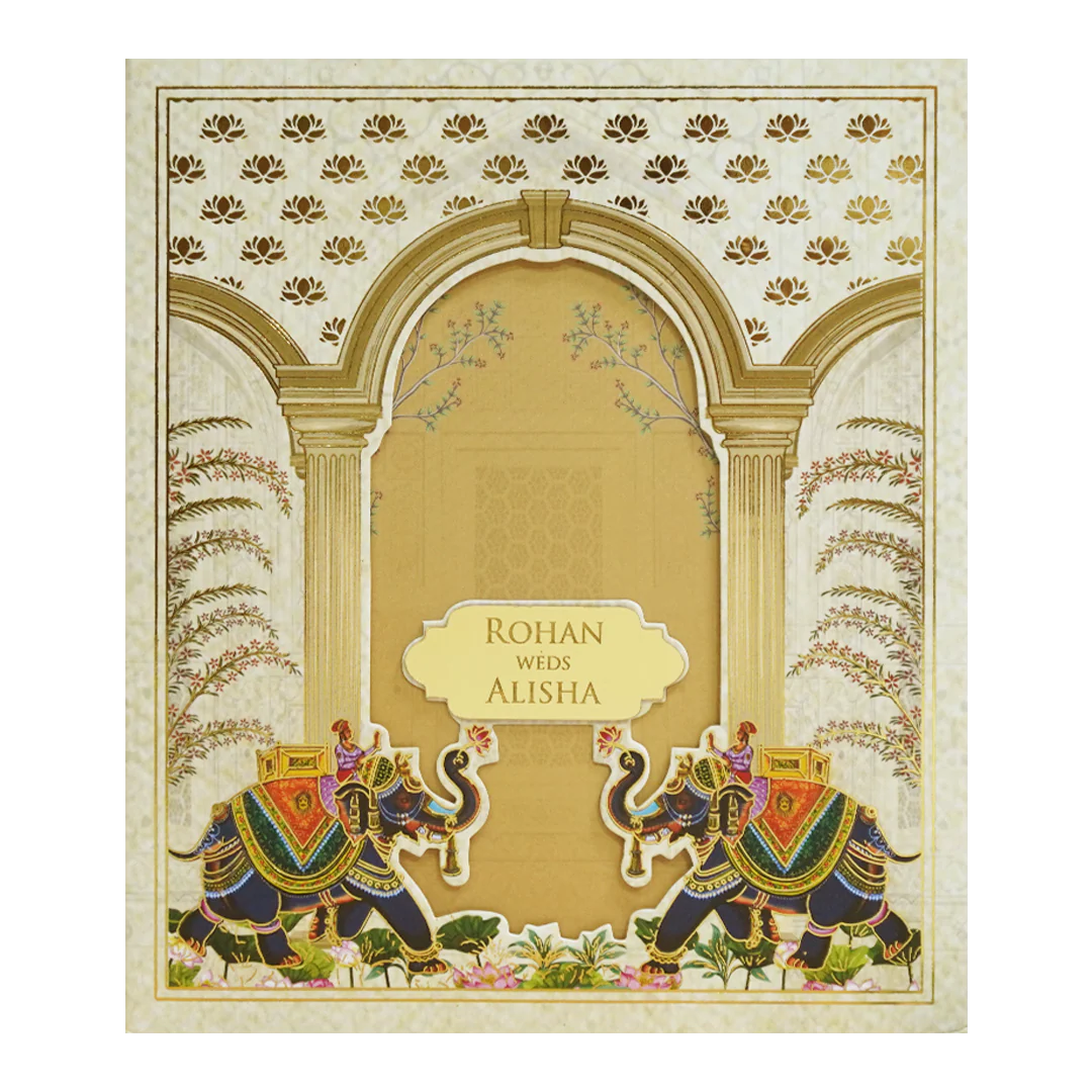 Gold Cream Royal Elephant Arch Wedding Card - KFR16370 - Image 3