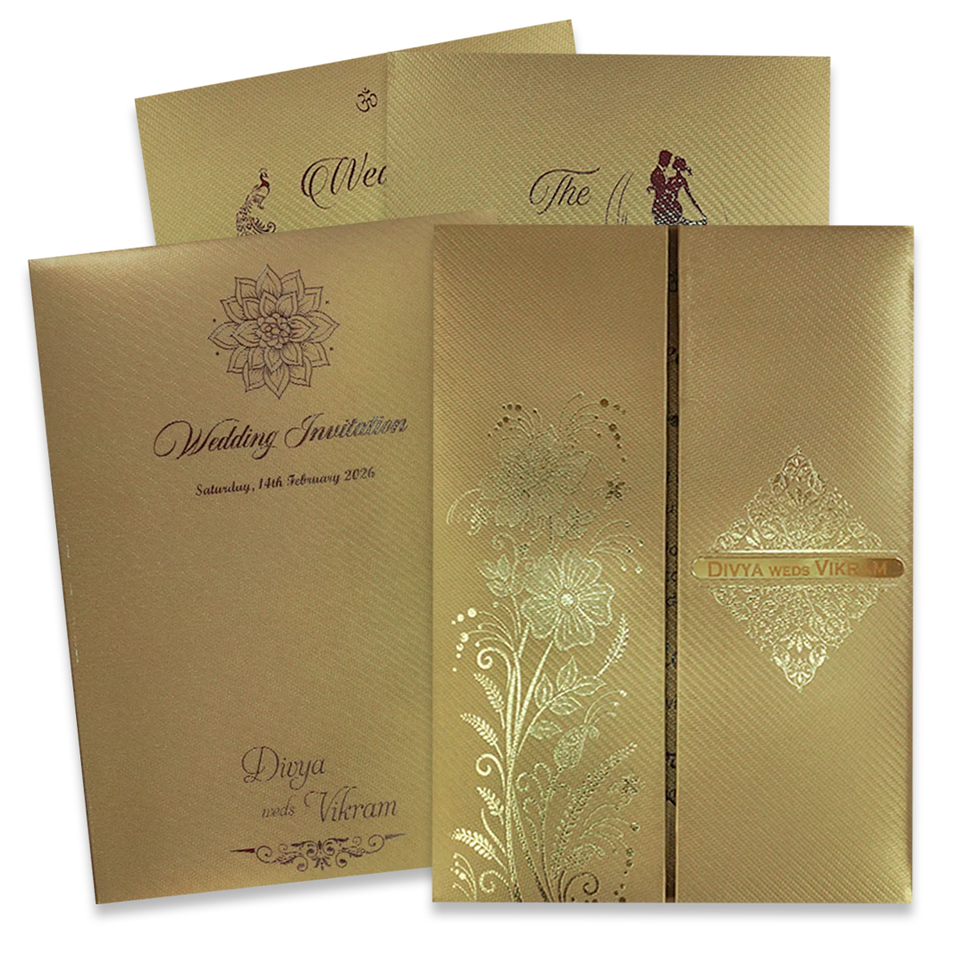 Gold Door-Style Embossed Floral Padded Wedding Card - KNPM9513G