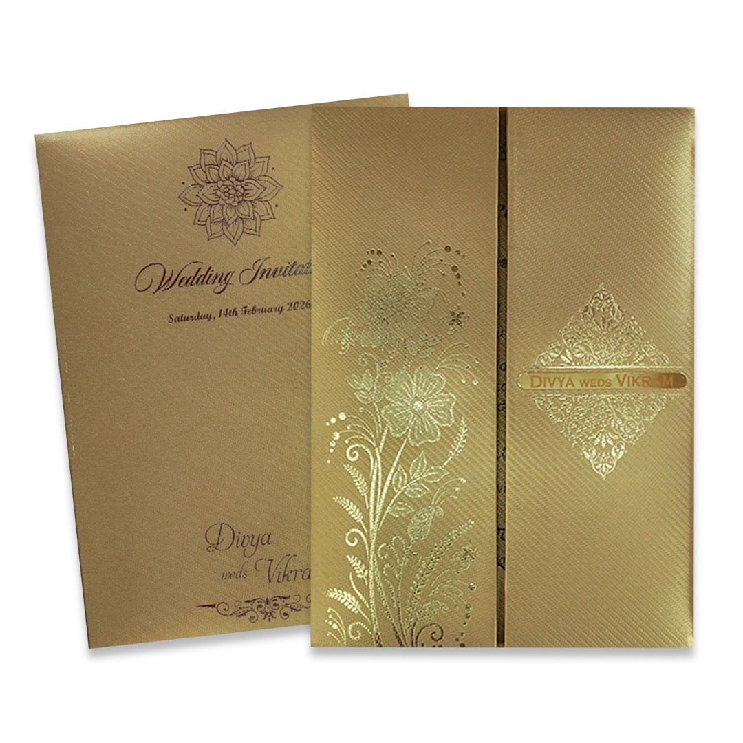 Gold Door-Style Embossed Floral Padded Wedding Card - KNPM9513G - Image 2