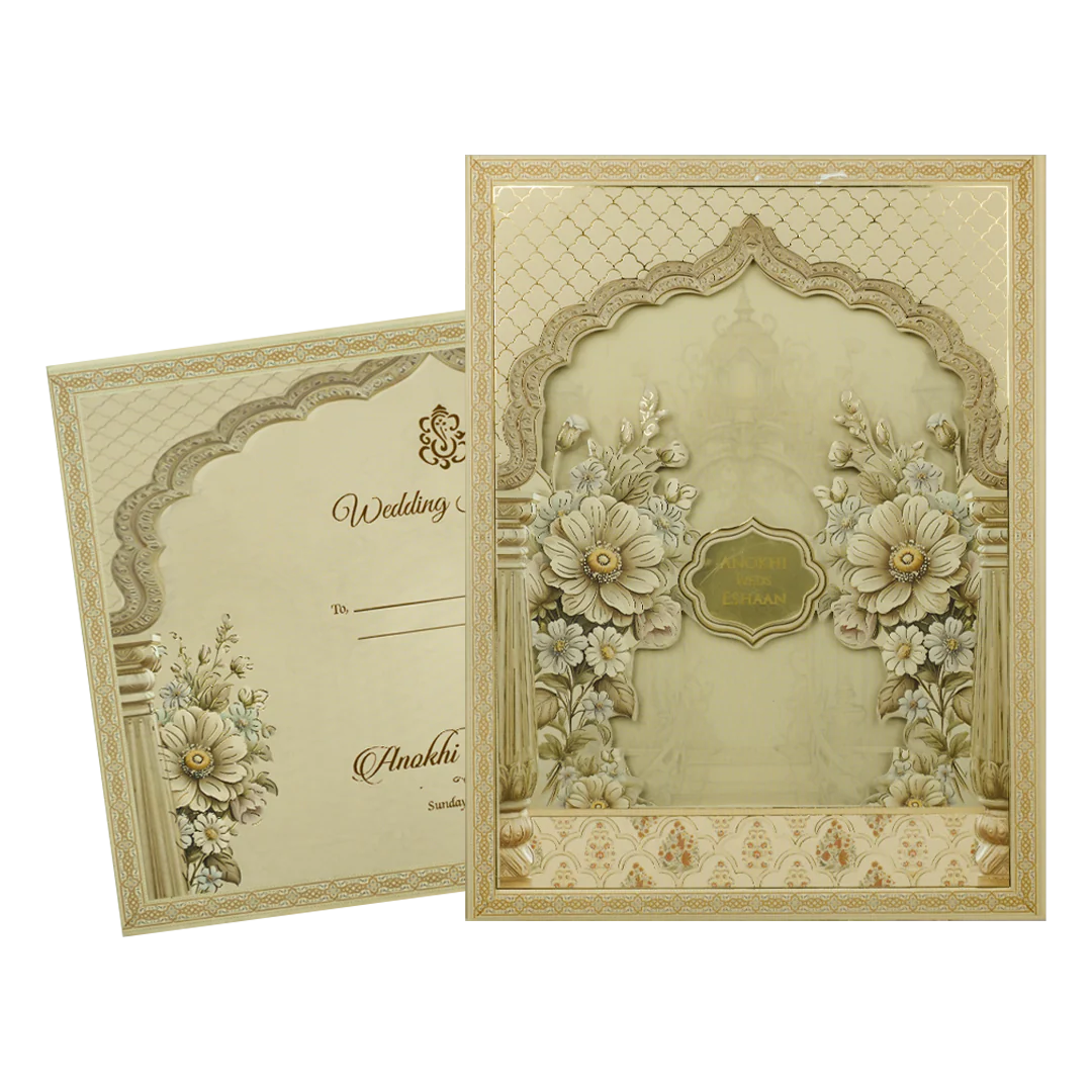 Gold Floral Arch Lasercut Padded Wedding Card-KJTS3683 - Image 2