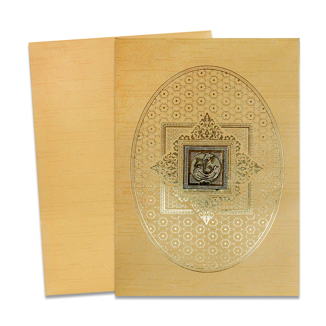 Gold Ganesh Embossed Oval Wedding Card-KNKR042G - Image 2