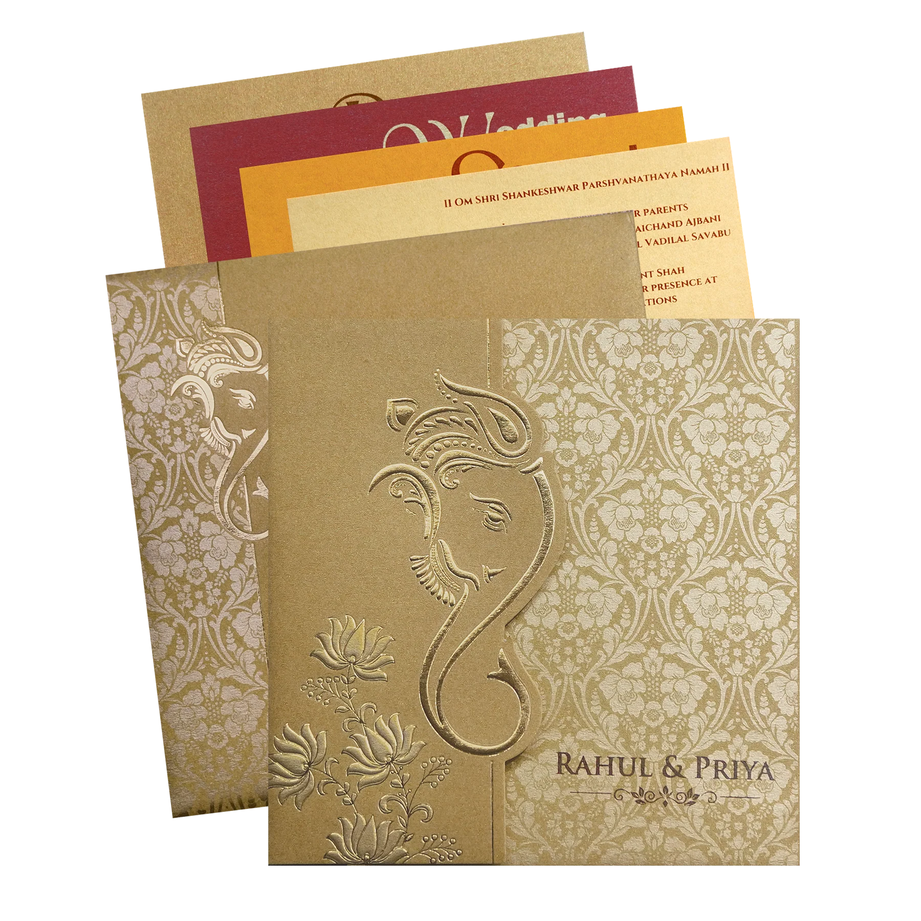 Gold Ganesha Cutout Floral Wedding Invitation Card-KPR06020