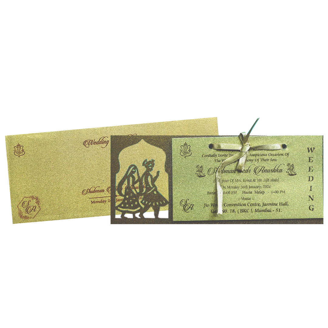Gold Laser Cut MDF Wedding Invitation Card with Bride & Groom Motif-KRB07020 - Image 2