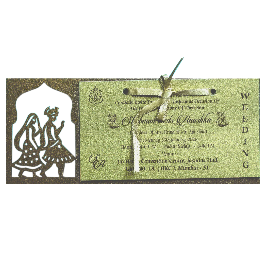 Gold Laser Cut MDF Wedding Invitation Card with Bride & Groom Motif-KRB07020 - Image 3