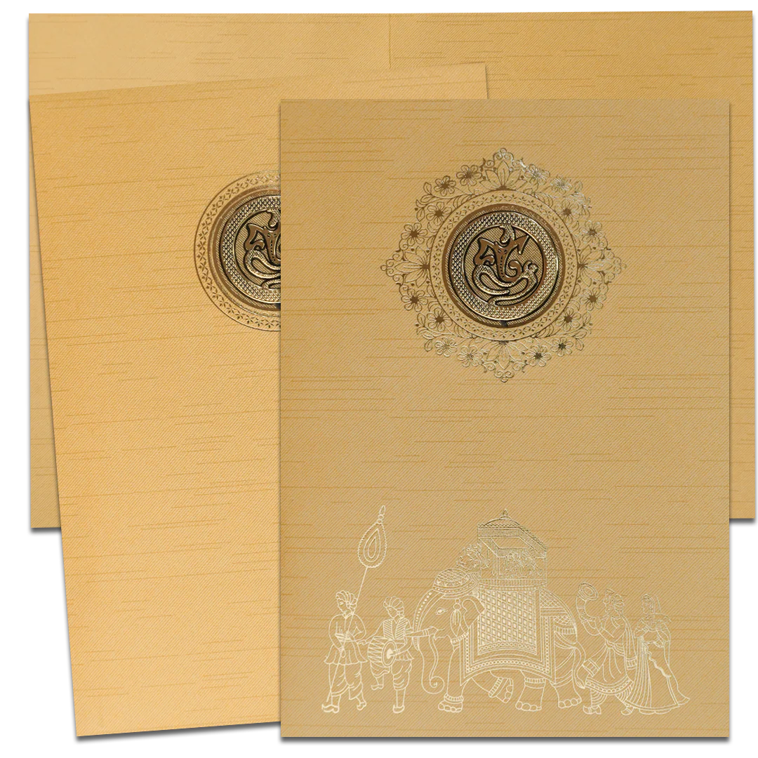 Gold Royal Baraat Elephant Wedding Card-KNKR039GL