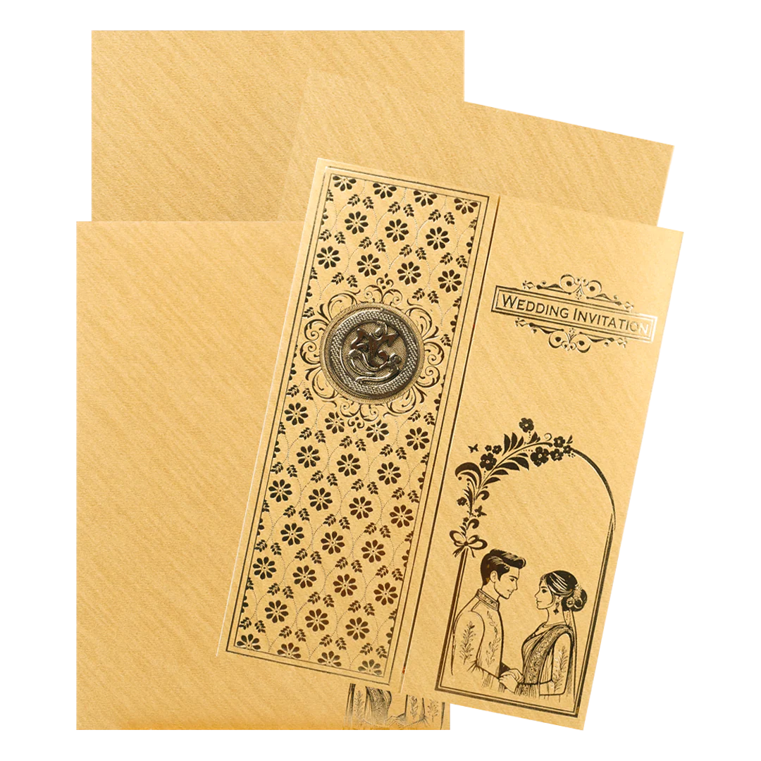 Gold Double Door Bride and Groom Floral Wedding Card - KNCM043GL