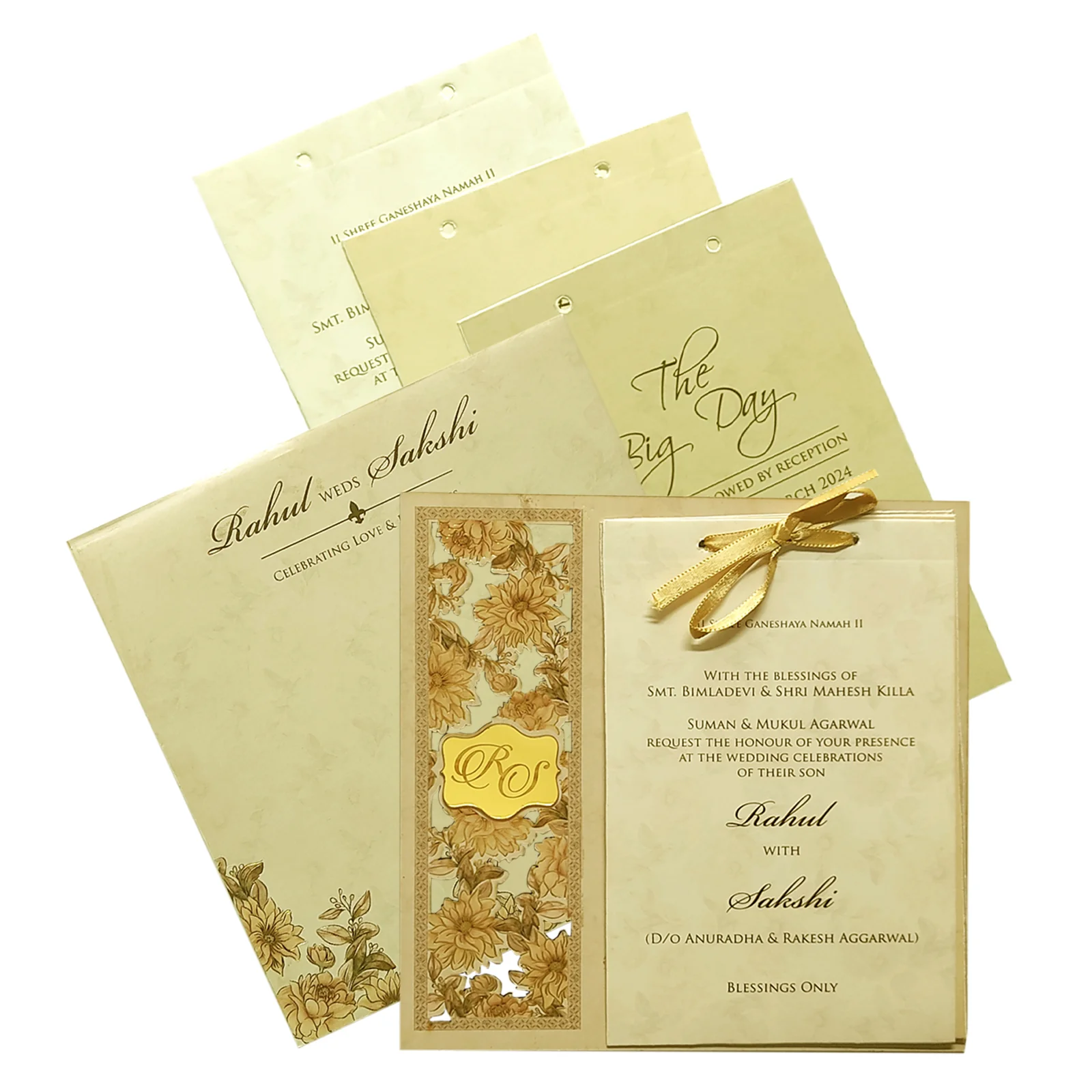 Golden Elegant Floral Lazer Cut MDF Wedding Card-KPR08810