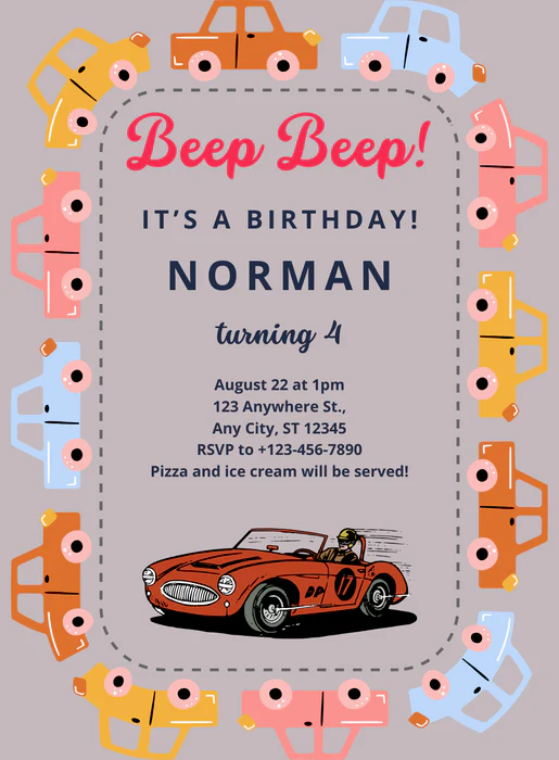 Gray Frame Cars and Trains Invitation-AACAT005 - Image 2