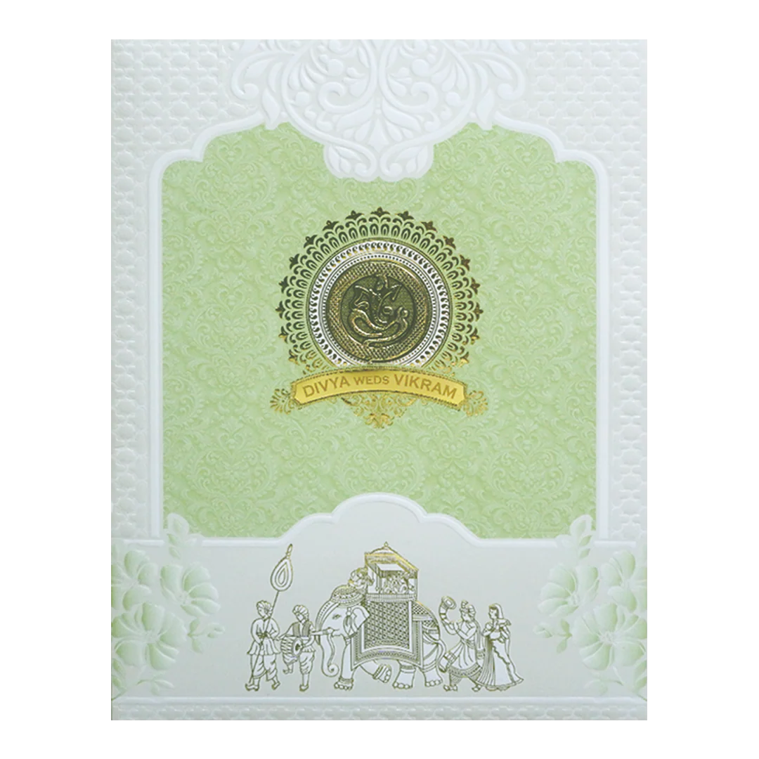 Green and White Bhaarat Wedding Card-KNJS2089G - Image 3