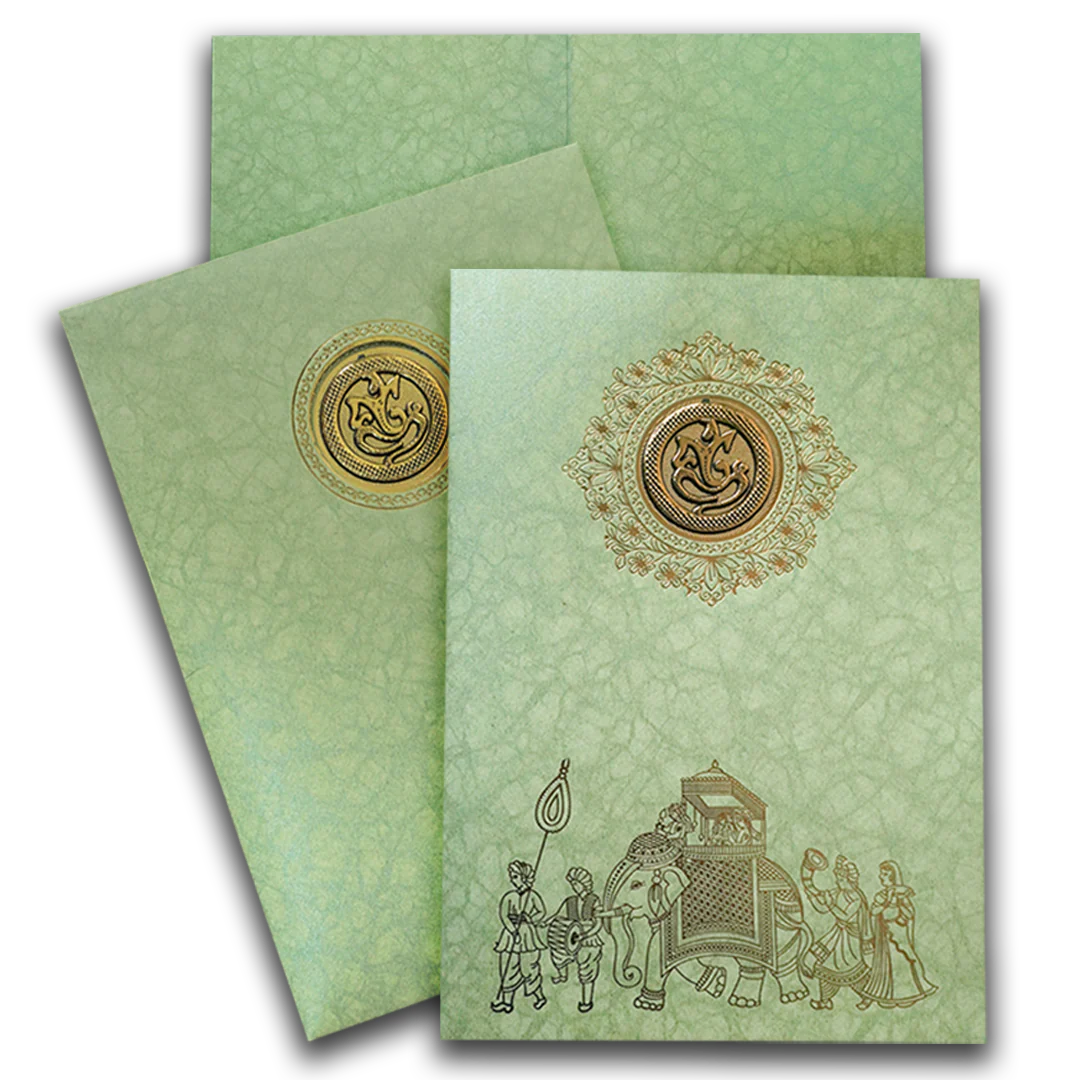 Green Elephant Baraat Wedding Card-KNKR039LG
