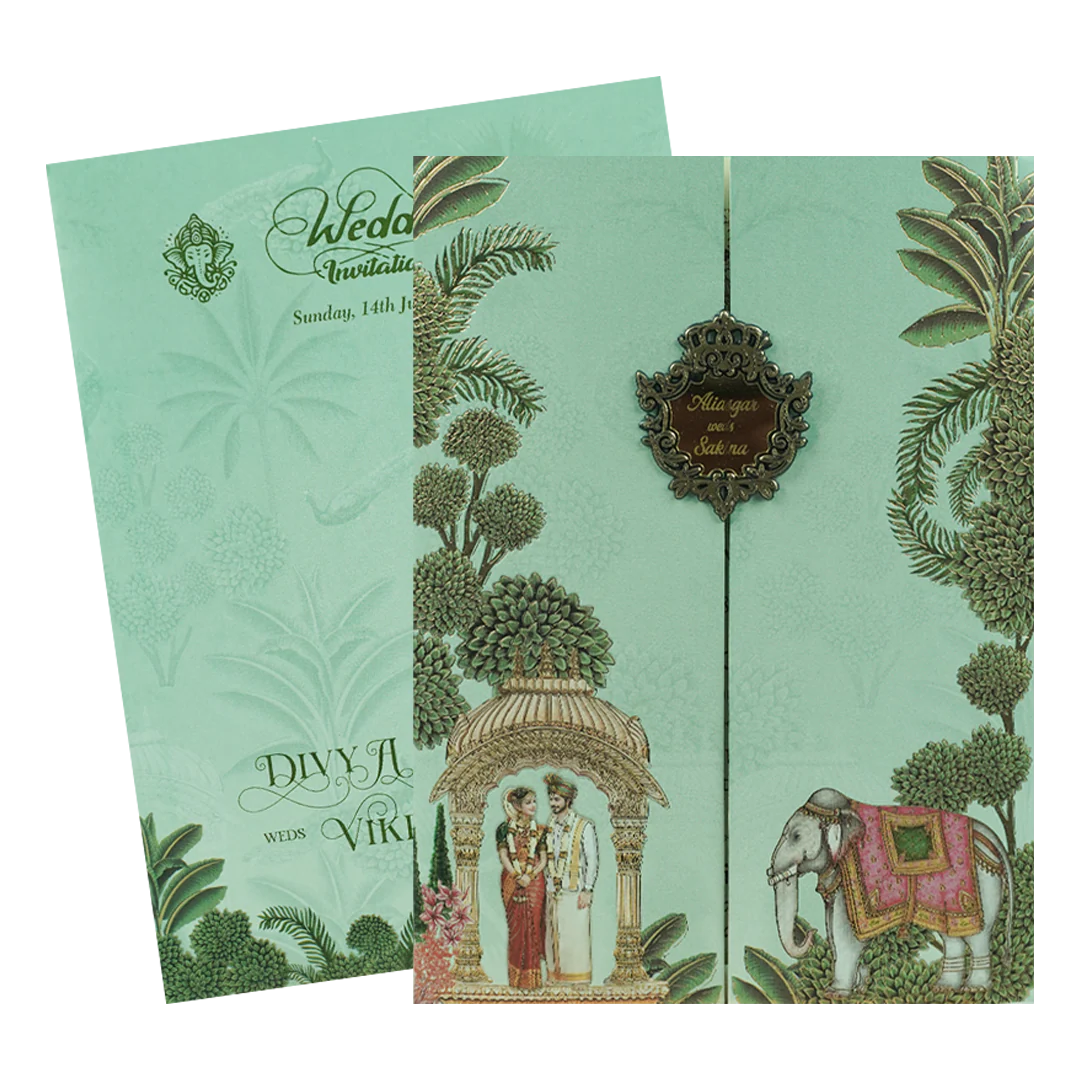 Green Folded Royal Wedding Card-KNKC4090 - Image 2