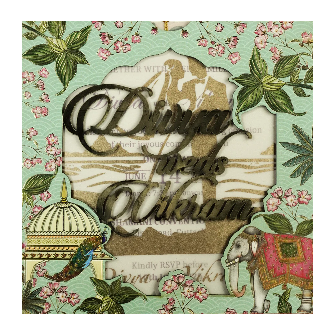 Green Laser-Cut Floral Peacock, Elephant Wedding Card - KNPL5806 - Image 3
