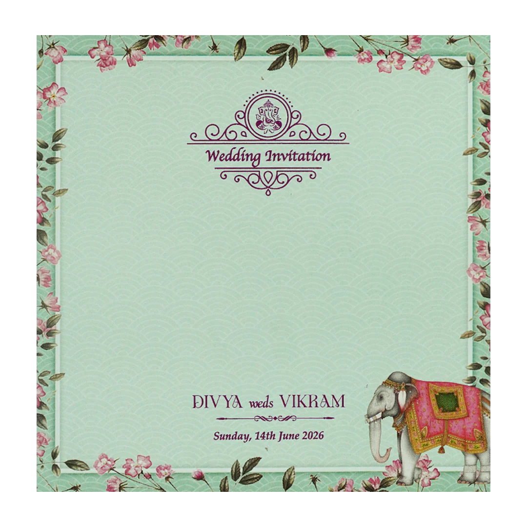 Green Laser-Cut Floral Peacock, Elephant Wedding Card - KNPL5806 - Image 4