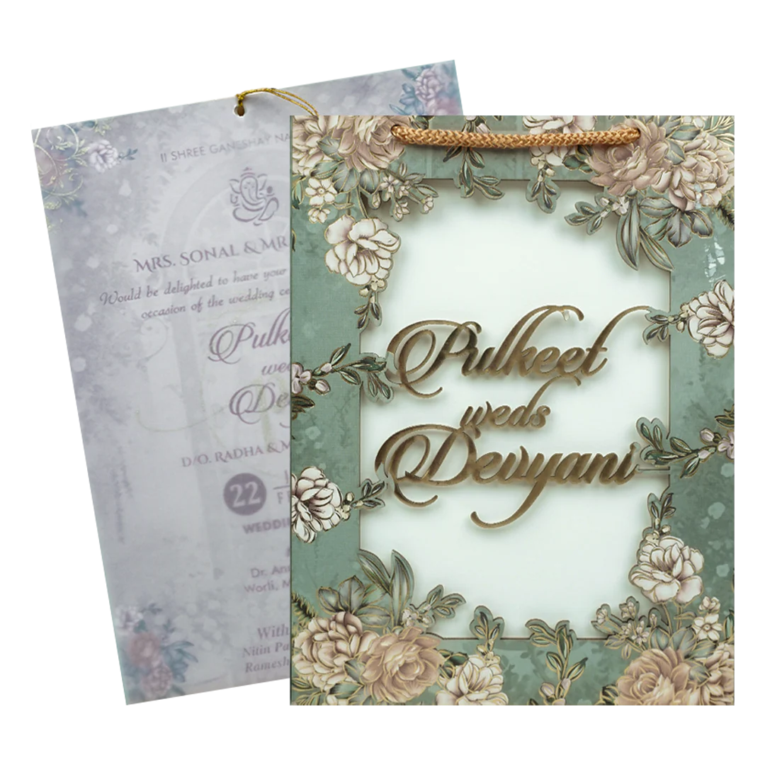 Green Floral Bag Wedding Card-KJTS1807