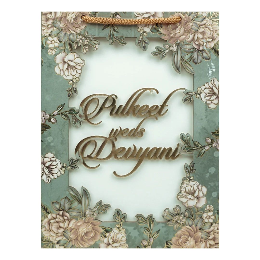 Green Floral Bag Wedding Card-KJTS1807 - Image 2