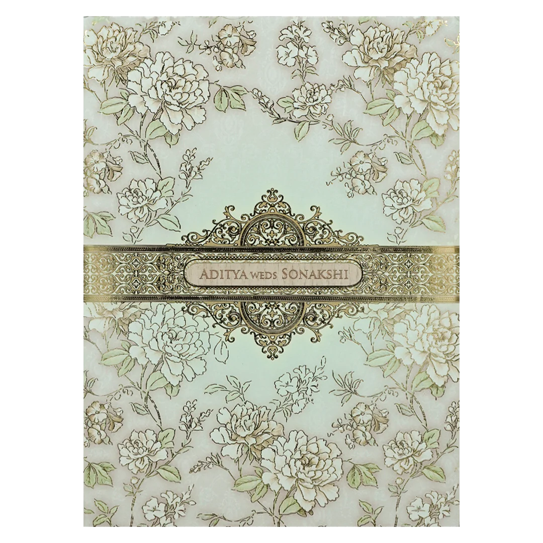 Green Floral Gold Frame Padded Wedding Card-KRE27240 - Image 3